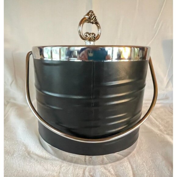Vintage Black Vinyl & Chrome Ice Bucket Mid Century Barware Retro Entertaining - Picture 5 of 13